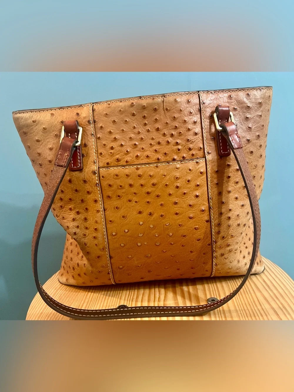 Vintage Dooney & Bourke Ostrich Embossed Leather Tote Shoulder Bag British Tan